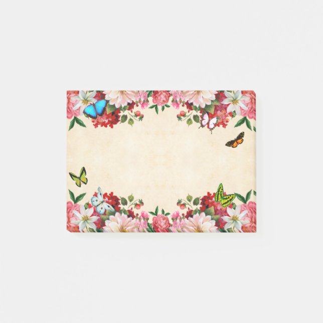 Notas Post-it® Marco de flores con mariposas (Anverso)