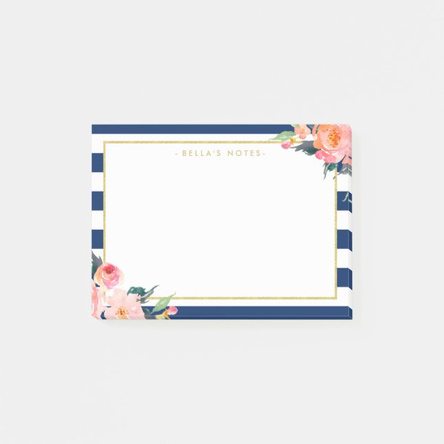 Notas Post-it® Marco moderno del oro de las flores de las rayas (Anverso)