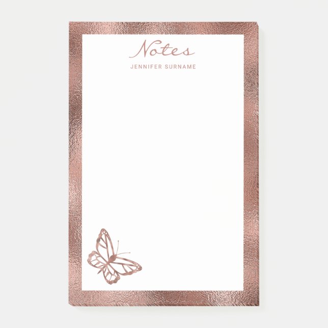 Notas Post-it® Mariposa con aspecto de lámina de oro rosa falso y (Anverso)