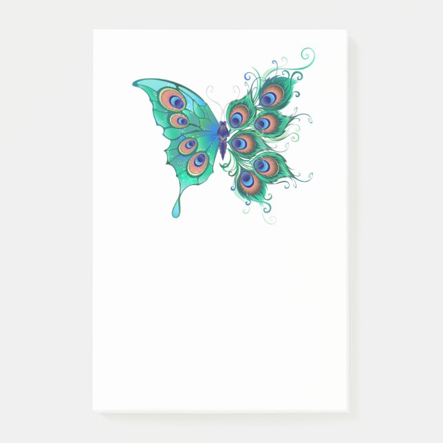 Notas Post-it® Mariposa con plumas de pavo real verde (Anverso)