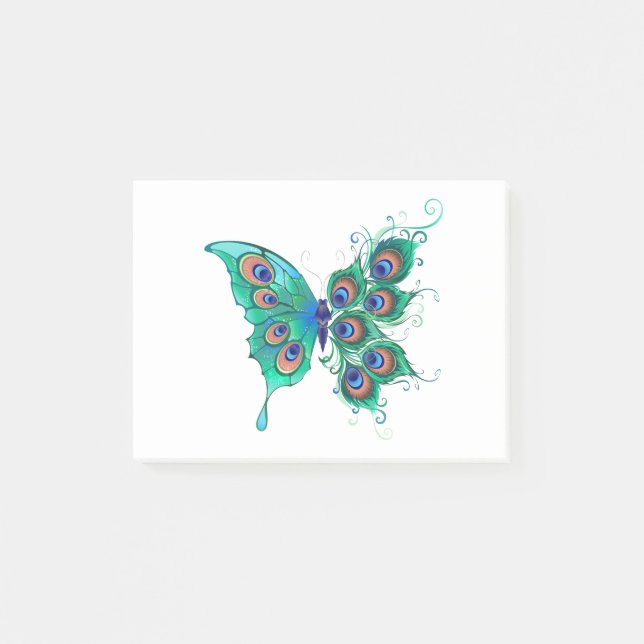 Notas Post-it® Mariposa con plumas de pavo real verde (Anverso)
