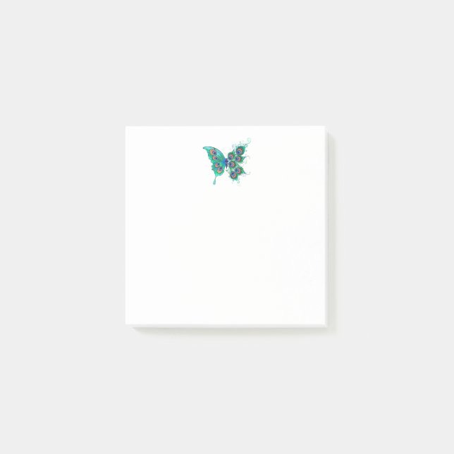 Notas Post-it® Mariposa con plumas de pavo real verde (Anverso)