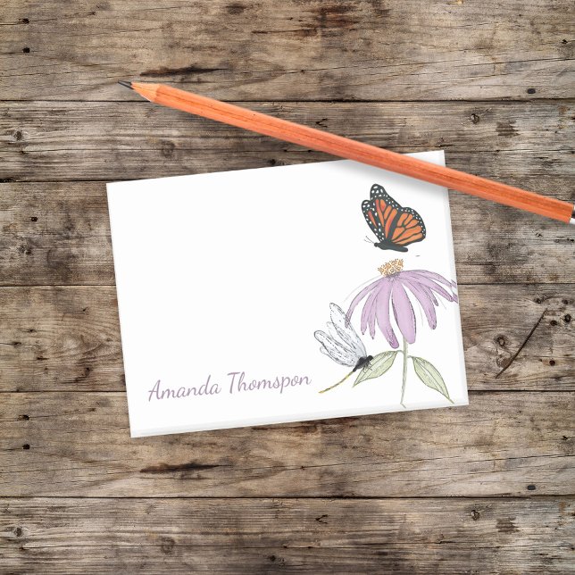Notas Post-it® Mariposa de Flor Morada y Libélula Personalizadas (Botanical garden post it notes with purple cone flower, butterfly, and dragonfly)