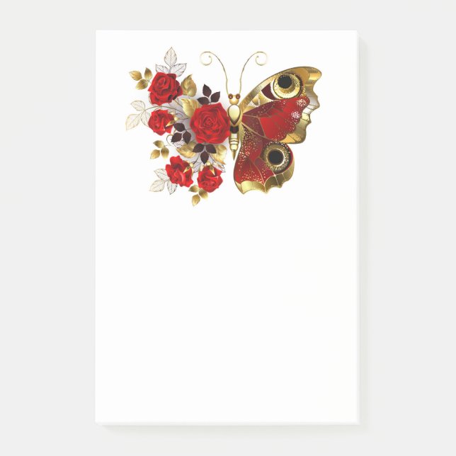 Notas Post-it® Mariposa de flor roja con rosas rojas (Anverso)