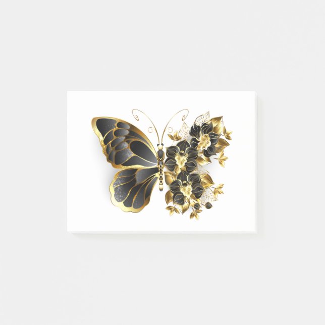 Notas Post-it® Mariposa de flores de oro con orquídea negra (Anverso)