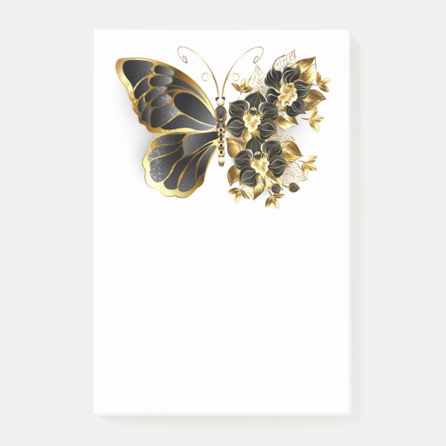 Notas Post-it® Mariposa de flores de oro con orquídea negra (Anverso)