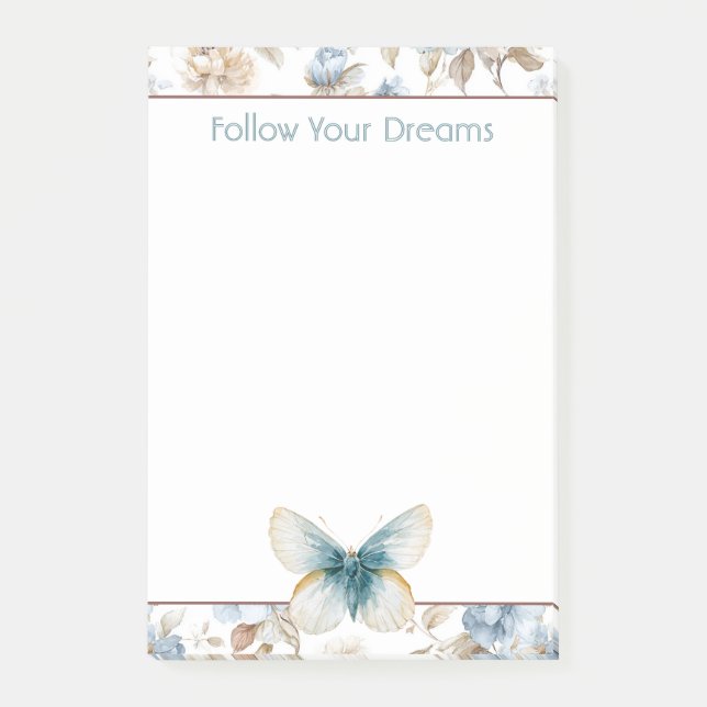 Notas Post-it® Mariposa Flores Marrón Beige Crema Azul (Anverso)