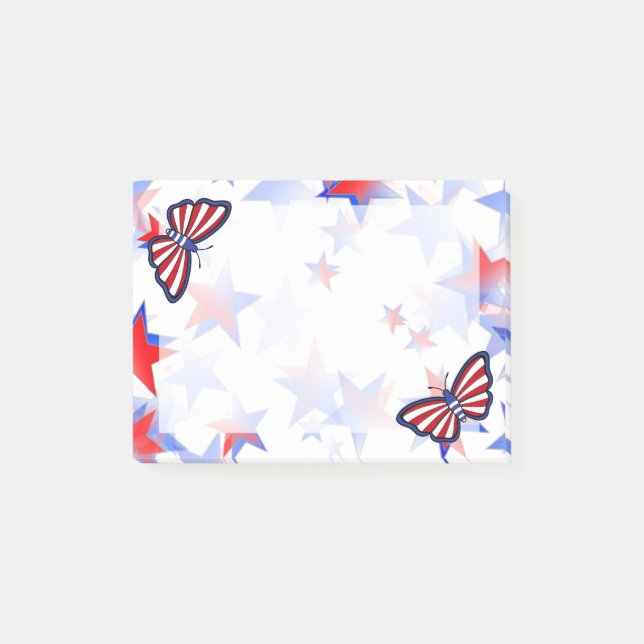 Notas Post-it® Mariposa gráfica azul, blanca, roja independiente (Anverso)