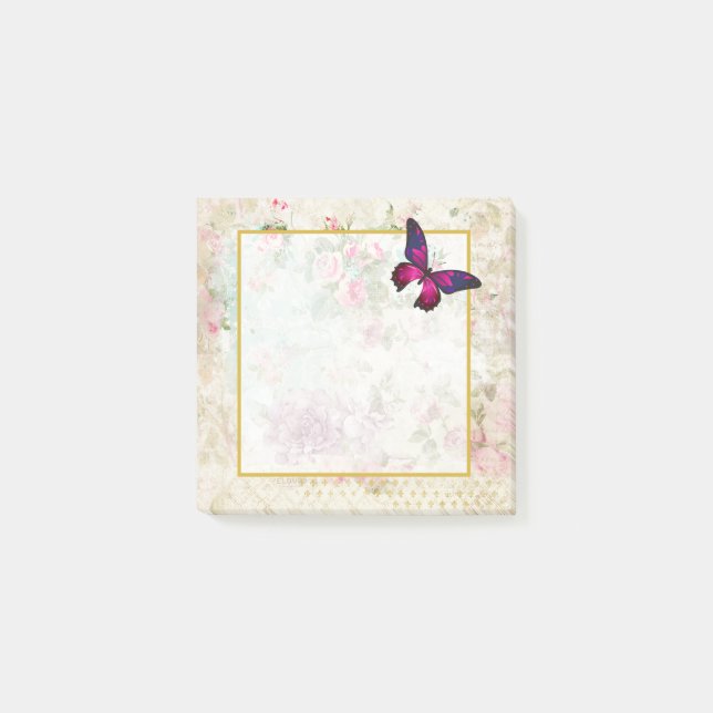 Notas Post-it® Mariposa rosa y Rosas de Shabby Vintage (Anverso)