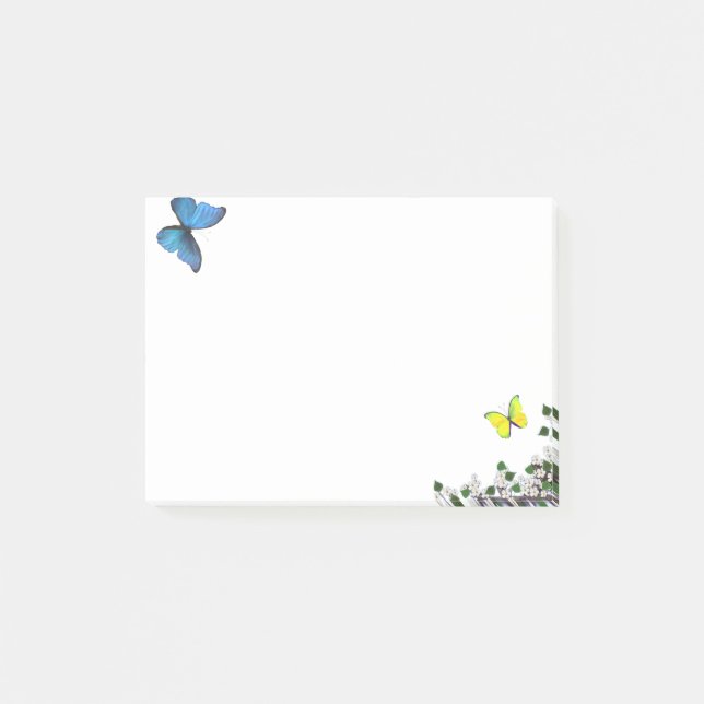Notas Post-it® Mariposas azules y amarillas y flores pequeñas (Anverso)