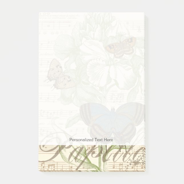 Notas Post-it® Mariposas en partitura con diseño floral (Anverso)