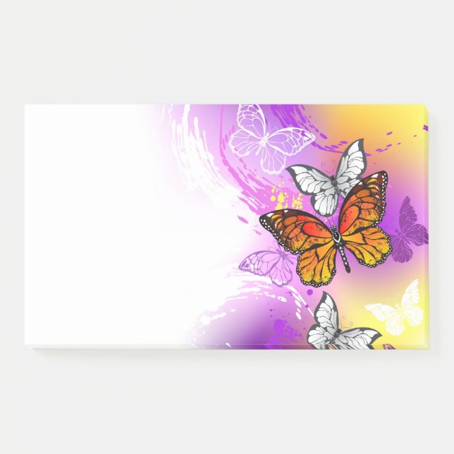 Notas Post-it® Mariposas monarcas en fondo morado (Anverso)