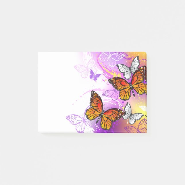 Notas Post-it® Mariposas monarcas en fondo morado (Anverso)