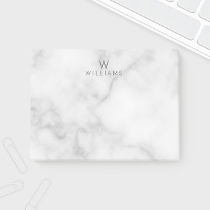 Notas Post-it® Mármol blanco con monograma y nombre personalizad