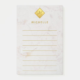 Notas Post-it® Mármol Liniado Oro Monograma Nombre Dorado Blanco