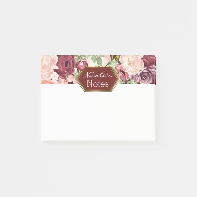 Notas Post-it® Marsala Maroon Burgundy Rústico Floral Personaliza (Anverso)
