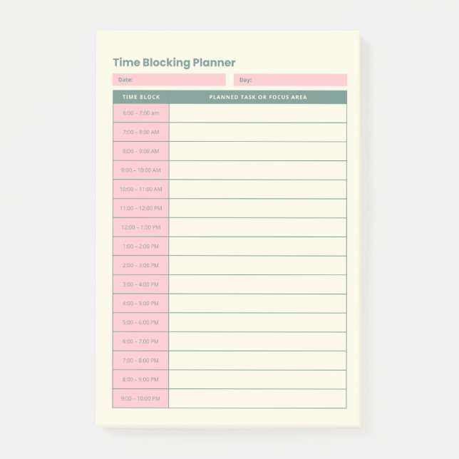 Notas Post-it® Minimal Time Blocking Planner Pink Layout (Anverso)
