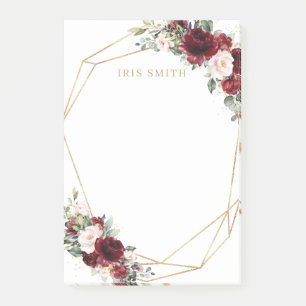 Notas Post-it® Moda Borgoña Rojo Rubor Rosa Floral Gold Geométr