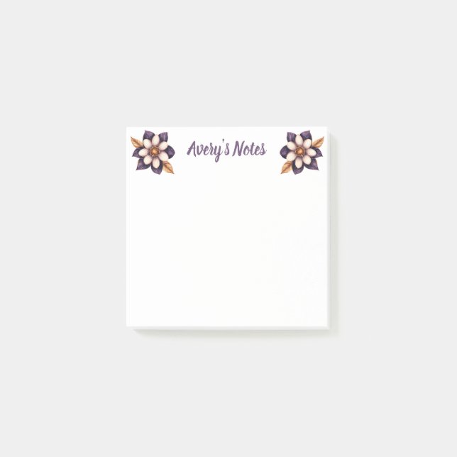 Notas Post-it® Moda Purple Faux Gold Floral Nombre (Anverso)