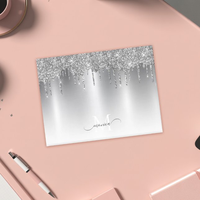 Notas Post-it® Moda Purpurina de goteo gris plateado Monograma (Chic Silver Gray Dripping Glitter Monogram Name Post-it Notes)