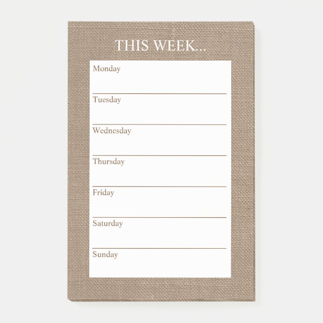 Notas Post-it® Moda simple planificador semanal | Burlap Rústico (Anverso)