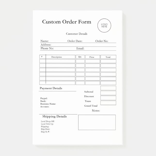 Notas Post-it® Modern Small Business custom order Sales Receipt (Anverso)