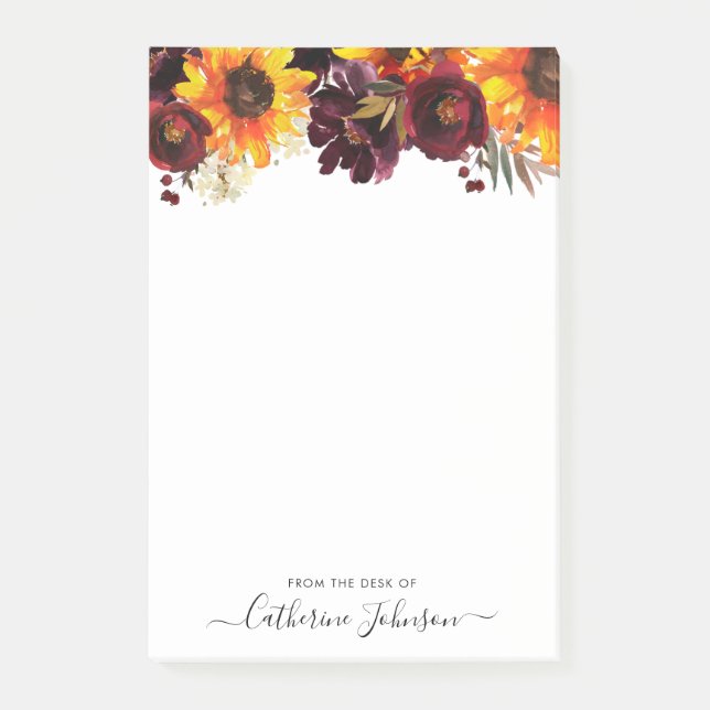 Notas Post-it® Moderno Sunflower Burgundy Rosa Floral acuarela (Anverso)