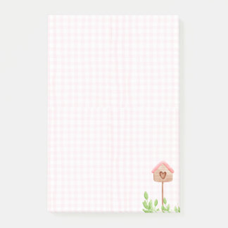 Notas Post-it® Monada Casa de pájaros de gingham rosa Cottagecore
