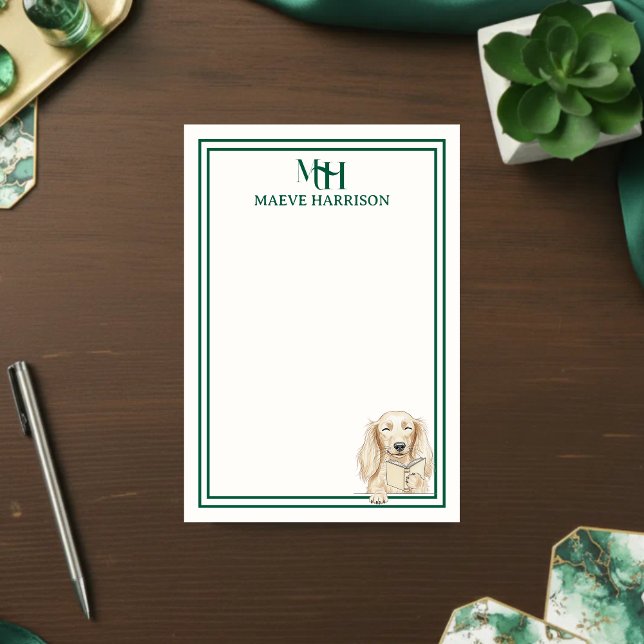 Notas Post-it® Monogram Hand Drawn Dachshund Reading (Gift custom stationery to the dog lover in your life! )