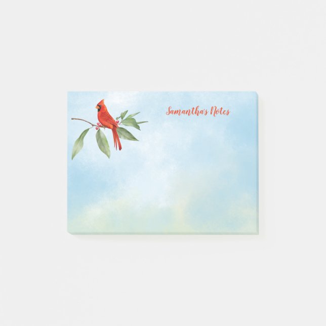 Notas Post-it® Monograma Acuarela Azul Verde Rojo Cardenal Pájaro (Anverso)