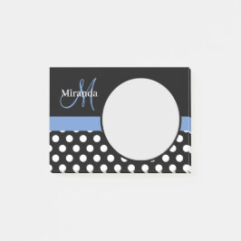 Notas Post-it® Monograma azul Punto de Polka Blanco Negro