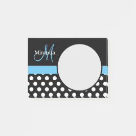 Notas Post-it® Monograma azul Punto de Polka Blanco Negro