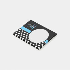 Notas Post-it® Monograma azul Punto de Polka Blanco Negro