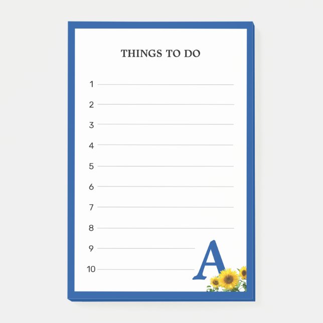 Notas Post-it® Monograma azul real y girasoles cosas que hacer (Anverso)