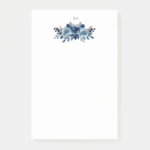 Notas Post-it® Monograma azul turbio y floral naval