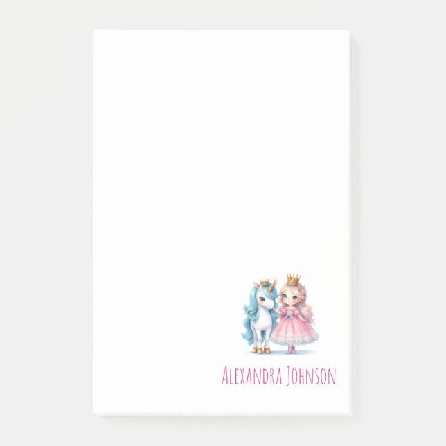 Notas Post-it® Monograma blanco de princesa y unicornio (Anverso)