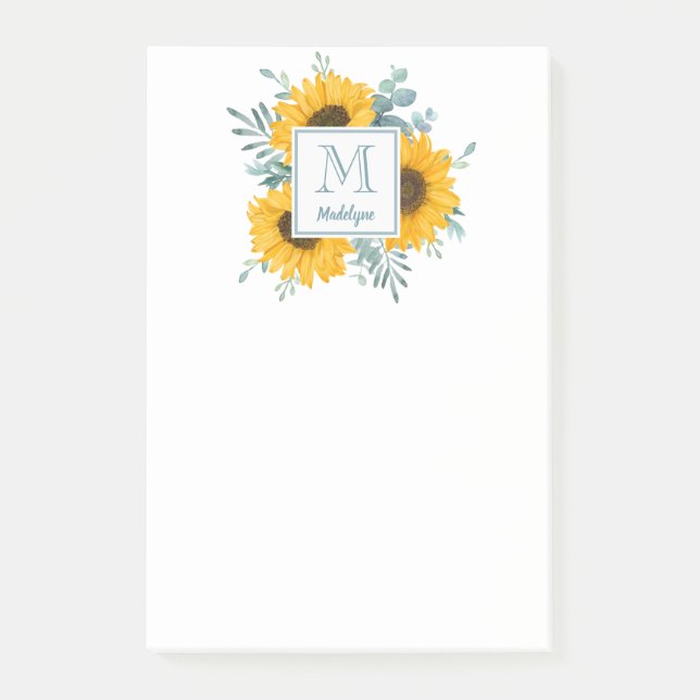 Notas Post-it® Monograma de girasol nombre floral personalizado (Anverso)