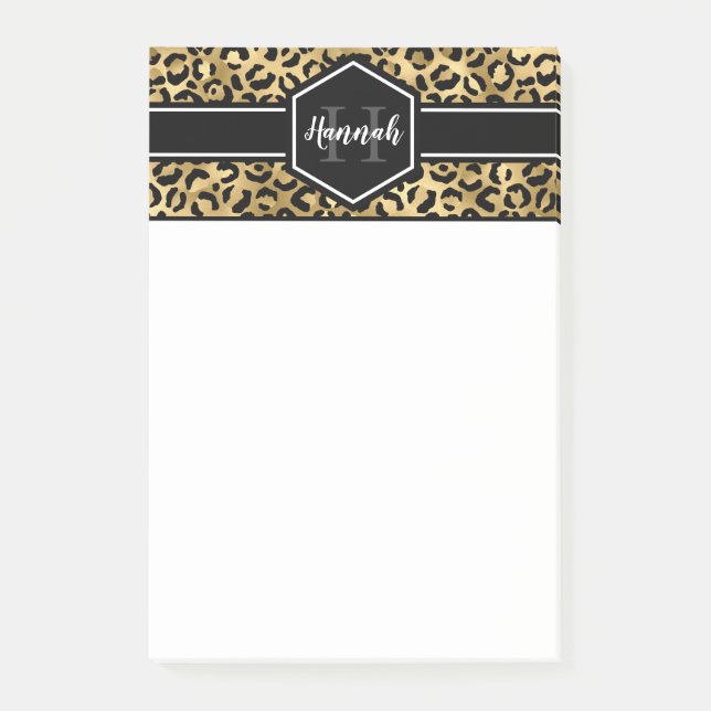 Notas Post-it® Monograma de lugares de leopardo negro dorado (Anverso)