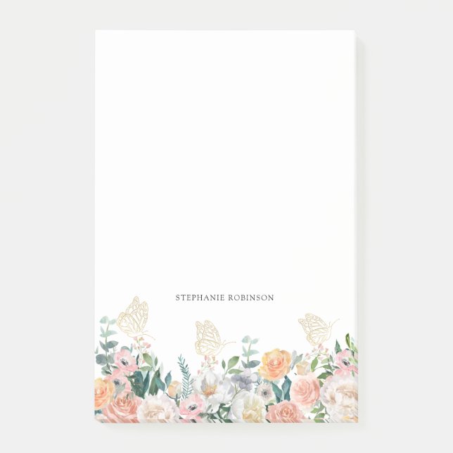 Notas Post-it® Monograma de mariposa dorada floral personalizado (Anverso)