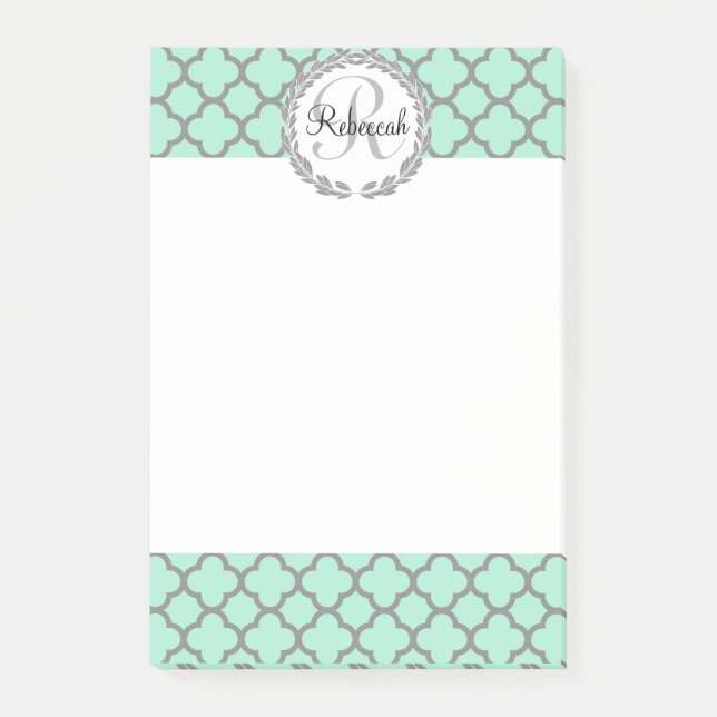 Notas Post-it® Monograma de nombre personalizado gris verde mate (Anverso)