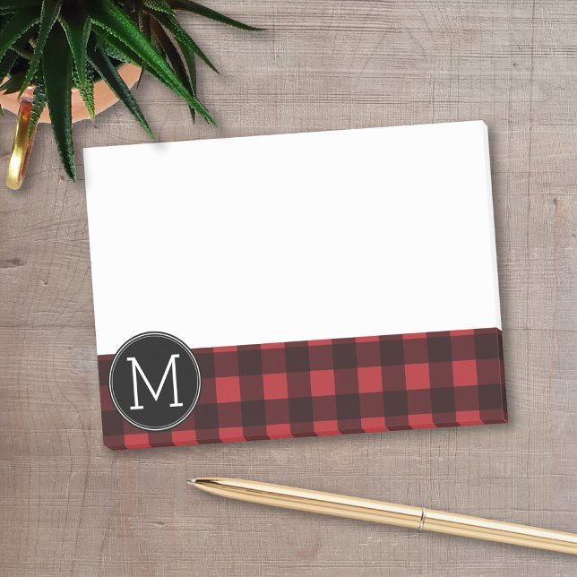 Notas Post-it® Monograma de patrón de patrón de búfalo negro rojo (Personalized post-it notes with a monogram - buffalo check - low quantity available)
