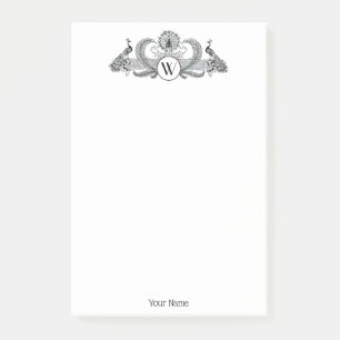 Notas Post-it® Monograma de Pavos Reales Vintage