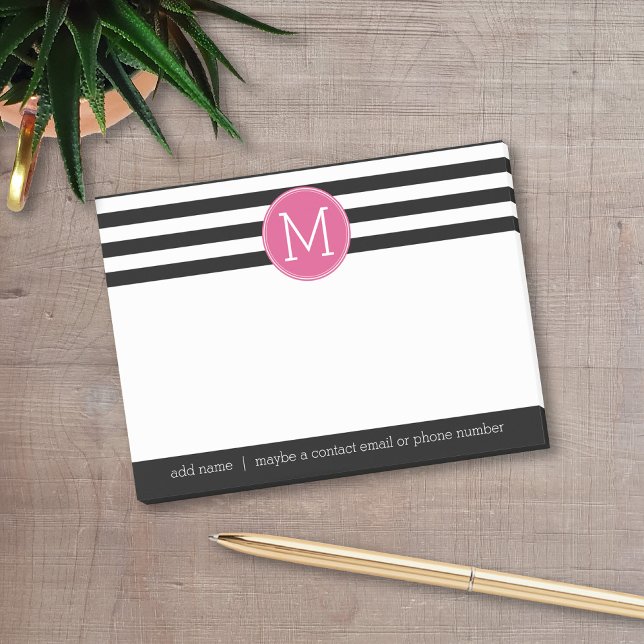 Notas Post-it® Monograma de rayas blancas y negras de color rosad (Add your monogram and social contact info to this preppy post-it note design)