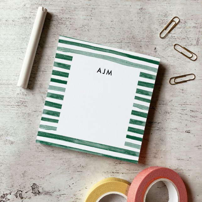 Notas Post-it® Monograma de rayas de acuarela verde (Green Watercolor Stripes Monogram Post-it Notes)