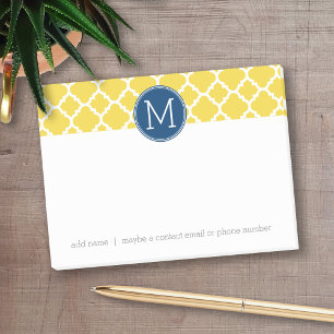 Notas Post-it® Monograma del patrón de cuatrefoil amarillo y nava
