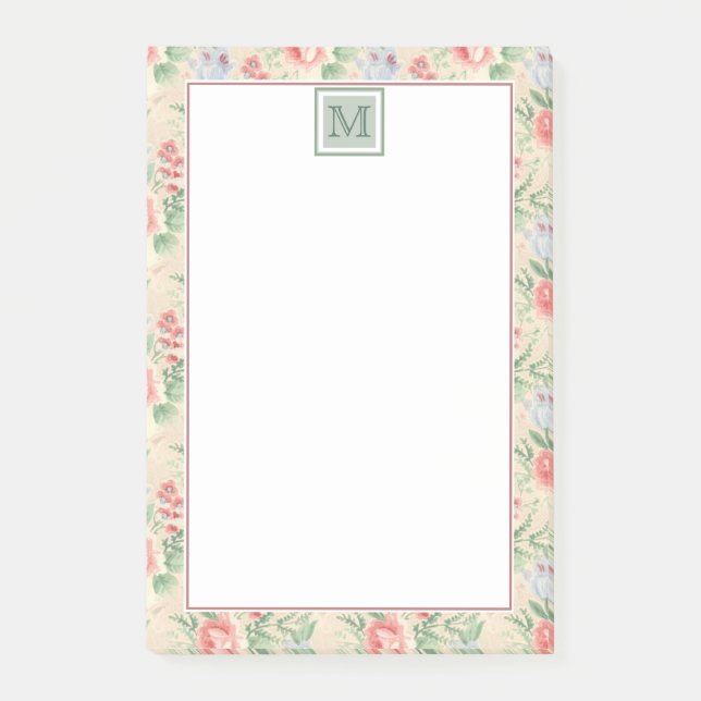Notas Post-it® Monograma del patrón de flor rosa rosa de la cosec (Anverso)