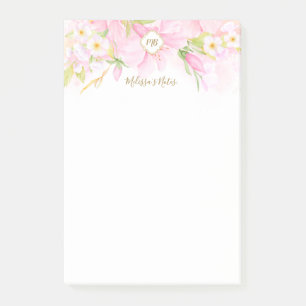 Notas Post-it® Monograma Delicado Acuarela Botánica Rosa Floral