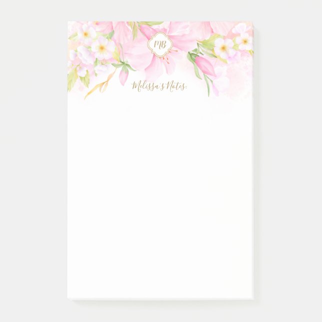 Notas Post-it® Monograma Delicado Acuarela Botánica Rosa Floral (Anverso)