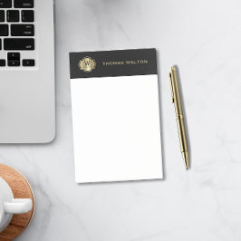 Notas Post-it® Monograma Dorado Cuero Negro Aspecto Elegante