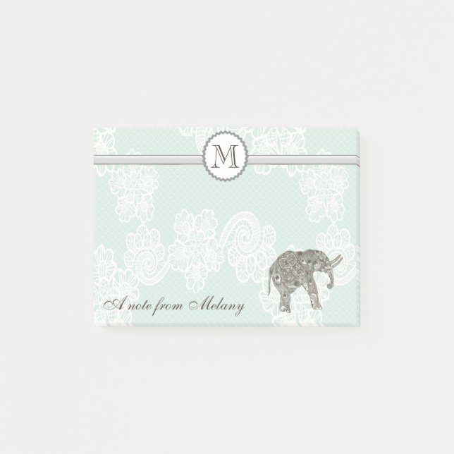 Notas Post-it® Monograma elegante y elegante de elefante de encaj (Anverso)
